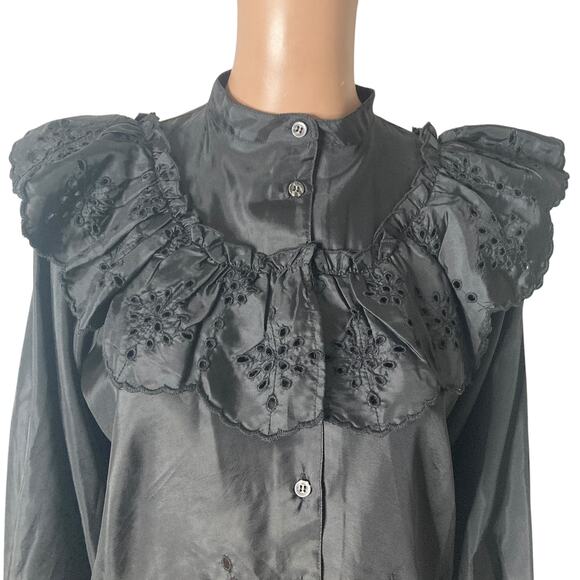 Topshop Eyelet Blouse Womens Size 4 Black Button Front - Picture 5 of 16